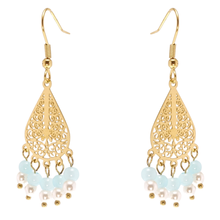 Сережки Xuping TTM Stainless Steel колір 14K французький замок Ажурні підвіски з намистинами фото №17