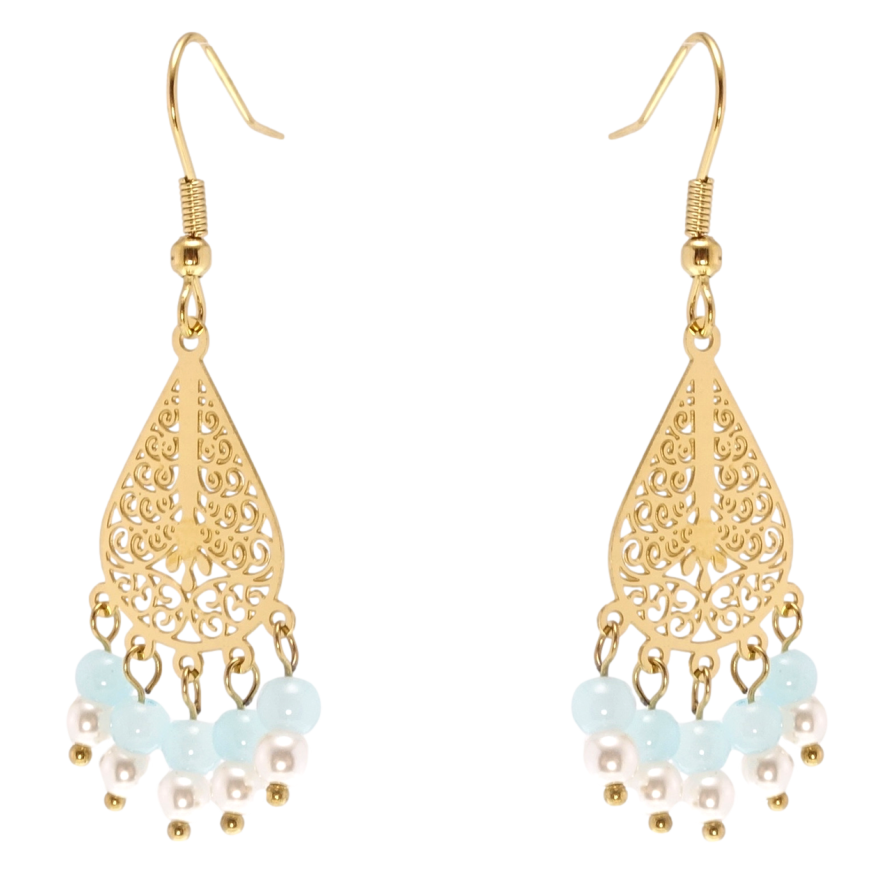 Сережки Xuping TTM Stainless Steel колір 14K французький замок Ажурні підвіски з намистинами фото №1