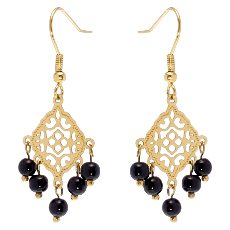 Сережки Xuping TTM Stainless Steel колір 14K французький замок Ажурні підвіски з чорними намистинами фото №1