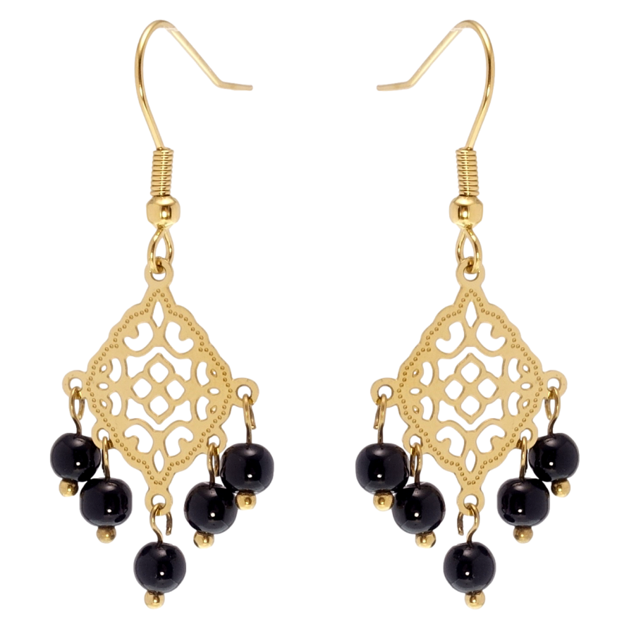 Сережки Xuping TTM Stainless Steel колір 14K французький замок Ажурні підвіски з чорними намистинами фото №1