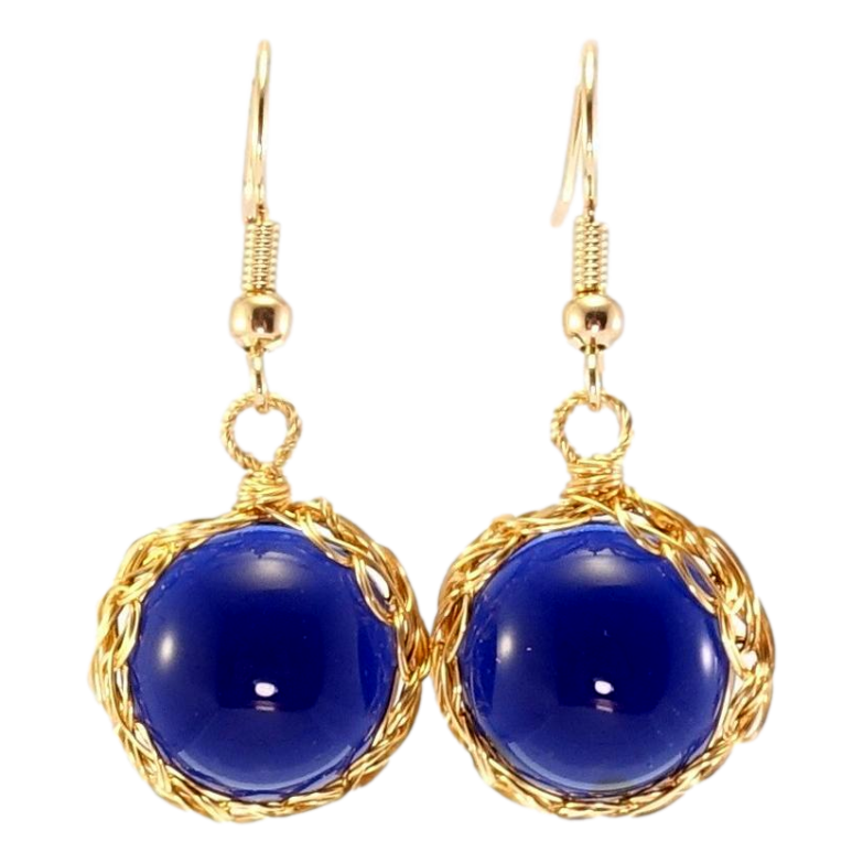 Сережки Xuping Позолота 18K французький замок Сині скляні півсфери в оправі з дроту фото №17