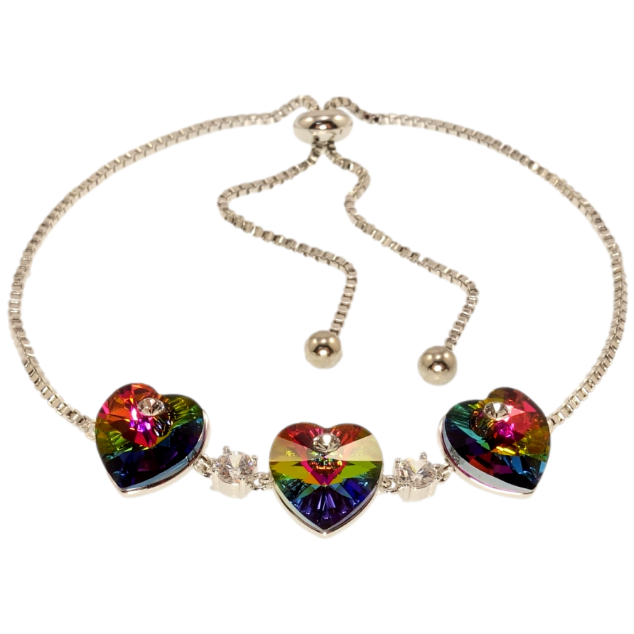 Браслет Xuping колір Родій з кр-ми Swarovski Три серця Vitrail Medium на ланцюжку на бігунці 12-28см х 2мм фото №1