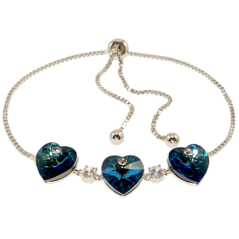 Браслет Xuping цвет Родий с кр-ми Swarovski Три сердечка Metallic Blue на цепочке на бегунке 12-28см х 2мм фото №1