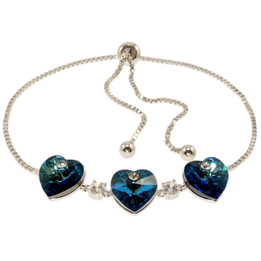 Браслет Xuping колір Родій з кр-ми Swarovski Три серця Metallic Blue на ланцюжку на бігунці 12-28см х 2мм фото №1