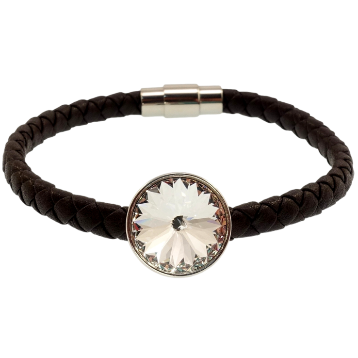 Браслет Xuping колір Родій з кр-ми Swarovski Шкіряний корич. Шнур магнітна застібка, Clear ø 15мм довжина 19,5см фото №2