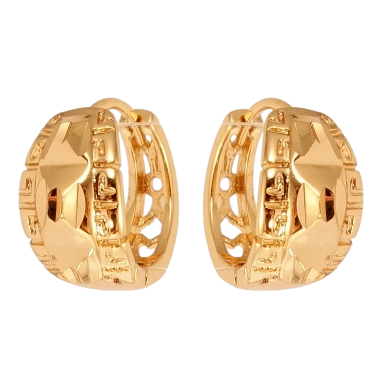 Серьги Xuping Позолота 18K колечки Орнамент пирамидки с греческим узором фото №1 Серьги Xuping Позолота 18K колечки Орнамент пирамидки с греческим узором фото №1