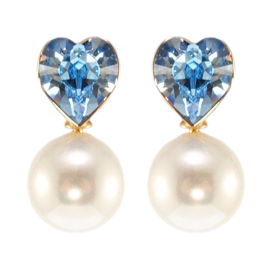 Сережки Xuping колір 18K з кристалами Swarovski пусети Серце Aquamarine з перлиною фото №1