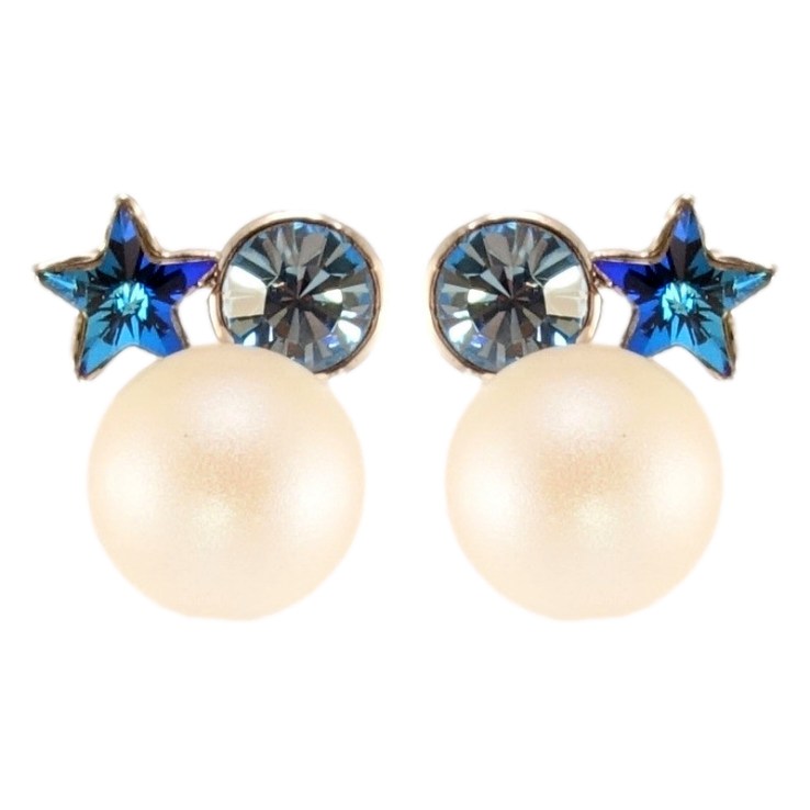 Сережки Xuping колір Родій з кристалами Swarovski пусети Перлина з кристалами Capri Blue та Montana фото №6