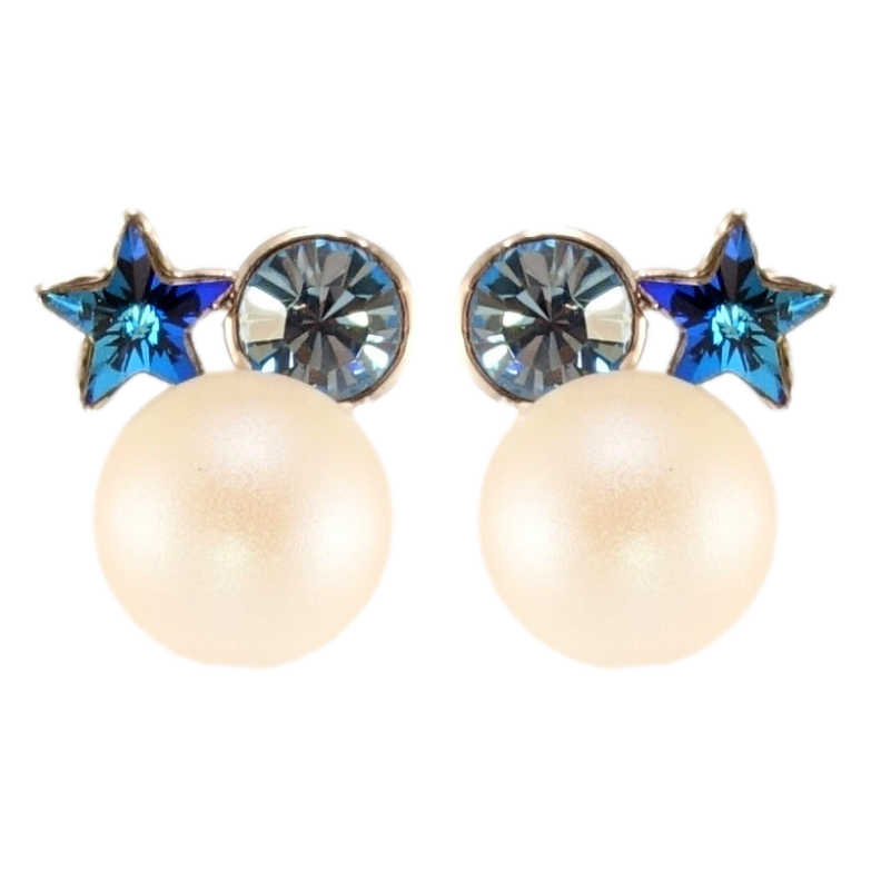 Сережки Xuping колір Родій з кристалами Swarovski пусети Перлина з кристалами Capri Blue та Montana фото №5