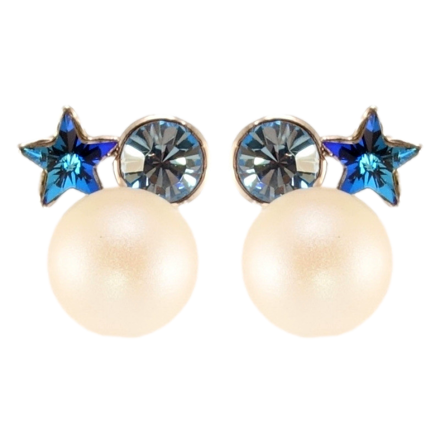 Сережки Xuping колір Родій з кристалами Swarovski пусети Перлина з кристалами Capri Blue та Montana фото №1