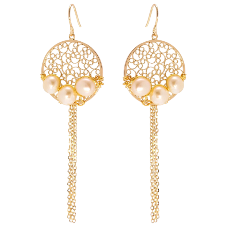 Сережки Xuping Позолота 18K французький замок Ажурні колечка з перлами та ланцюжками фото №18