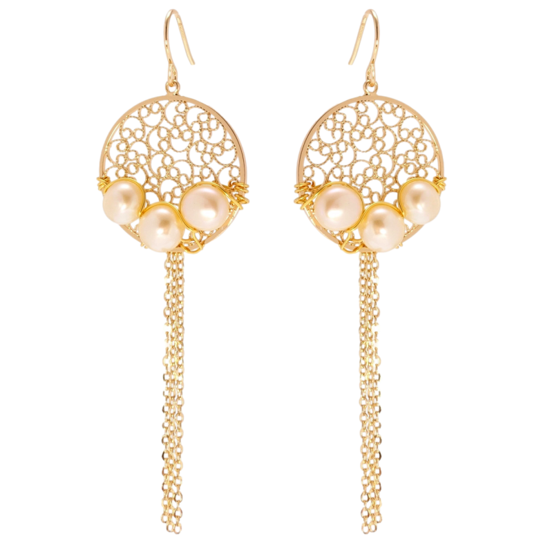 Серьги Xuping Позолота 18K французский замок Ажурные колечки с жемчугом и цепочками фото №3