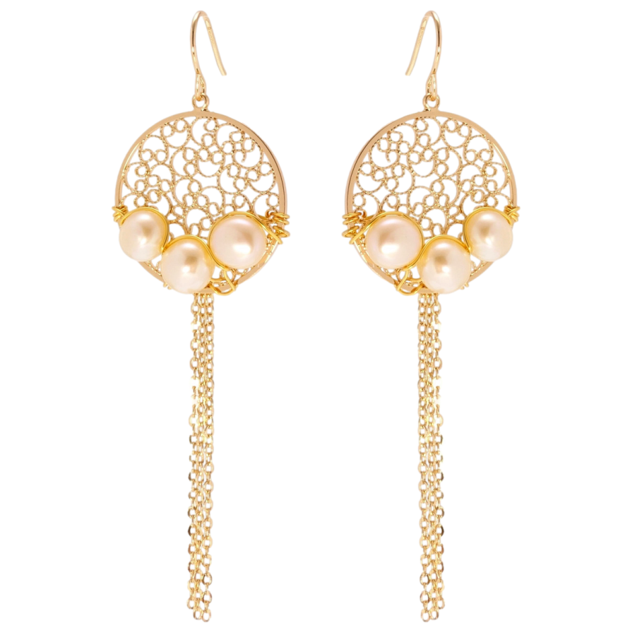 Сережки Xuping Позолота 18K французький замок Ажурні колечка з перлами та ланцюжками фото №1