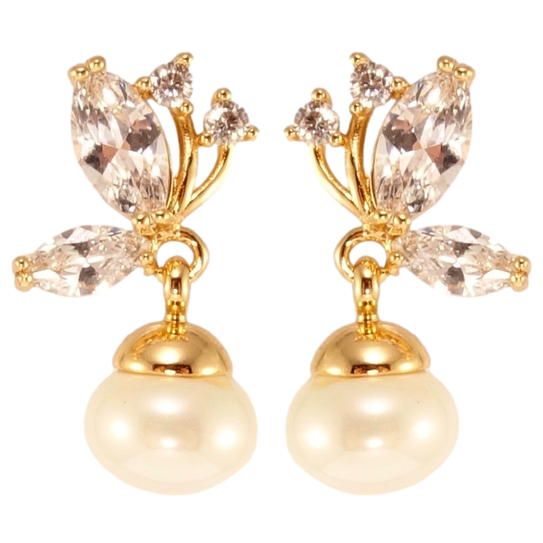 Сережки Xuping Позолота 18K пусети Кристальні метелики з перлинними підвісками фото №1