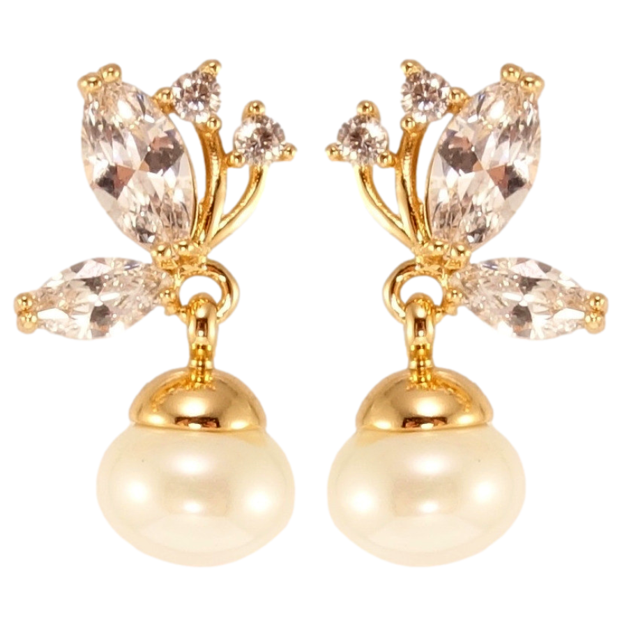 Сережки Xuping Позолота 18K пусети Кристальні метелики з перлинними підвісками фото №1