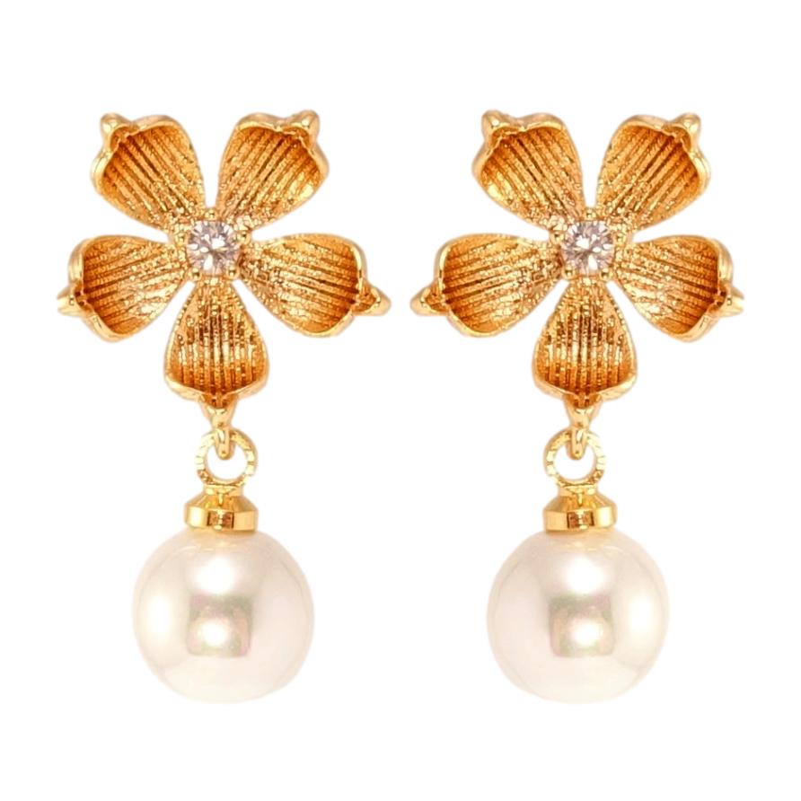 Сережки Xuping Позолота 18K пусети Квіточки з перлинними підвісками фото №1