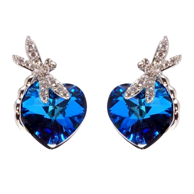 Сережки Xuping колір Родій з кристалами Swarovski пусети Стрекоза з кристалом Bermuda Blue фото №11