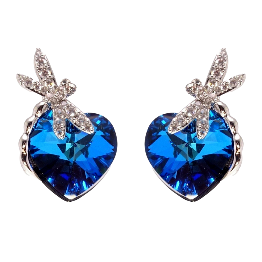 Сережки Xuping колір Родій з кристалами Swarovski пусети Стрекоза з кристалом Bermuda Blue фото №1