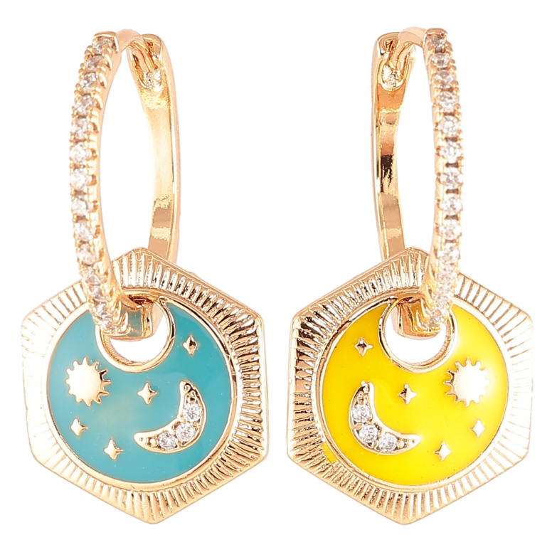 Сережки Xuping колір 18K підвіски на колечках «Візерунок Зоряна ніч жовто-блакитною емаллю» 2 в 1 фото №15 Сережки Xuping колір 18K підвіски на колечках «Візерунок Зоряна ніч жовто-блакитною емаллю» 2 в 1 фото №15