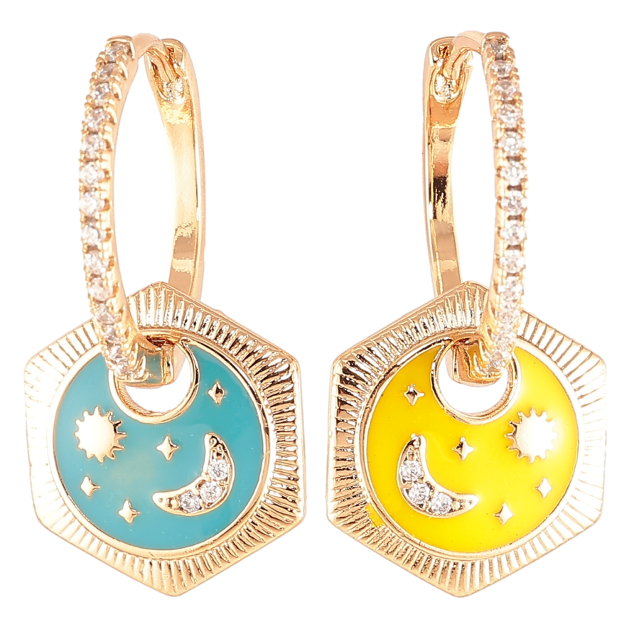 Сережки Xuping колір 18K підвіски на колечках «Візерунок Зоряна ніч жовто-блакитною емаллю» 2 в 1 фото №1