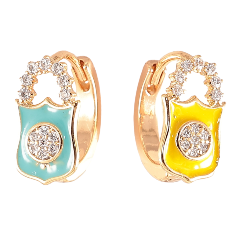 Сережки Xuping колір 18K колечка «Замочки з кристалами і жовто-блакитною емаллю» фото №1