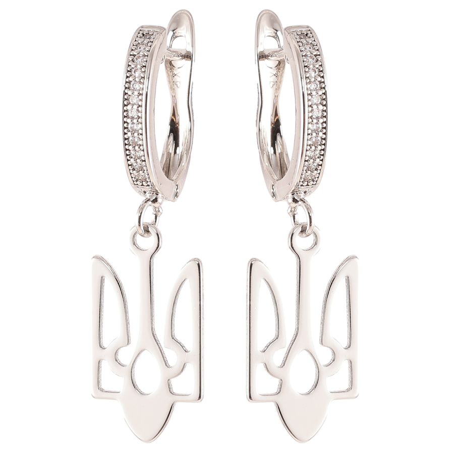 Сережки Xuping колір Родій англійський замок Герб України на дужці з кристалами фото №1 Сережки Xuping колір Родій англійський замок Герб України на дужці з кристалами фото №1