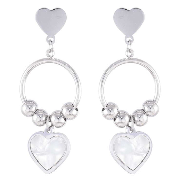 Серьги Xuping TTM Stainless Steel цвет Родий пусеты Подвески сердечки с перламутровыми вставками фото №9