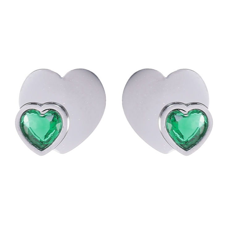Серьги Xuping TTM Stainless Steel цвет Родий пусеты Сердечки с зелеными кристаллами фото №15