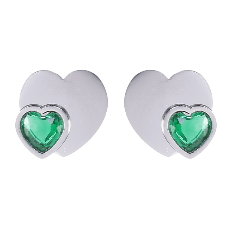 Серьги Xuping TTM Stainless Steel цвет Родий пусеты Сердечки с зелеными кристаллами фото №1