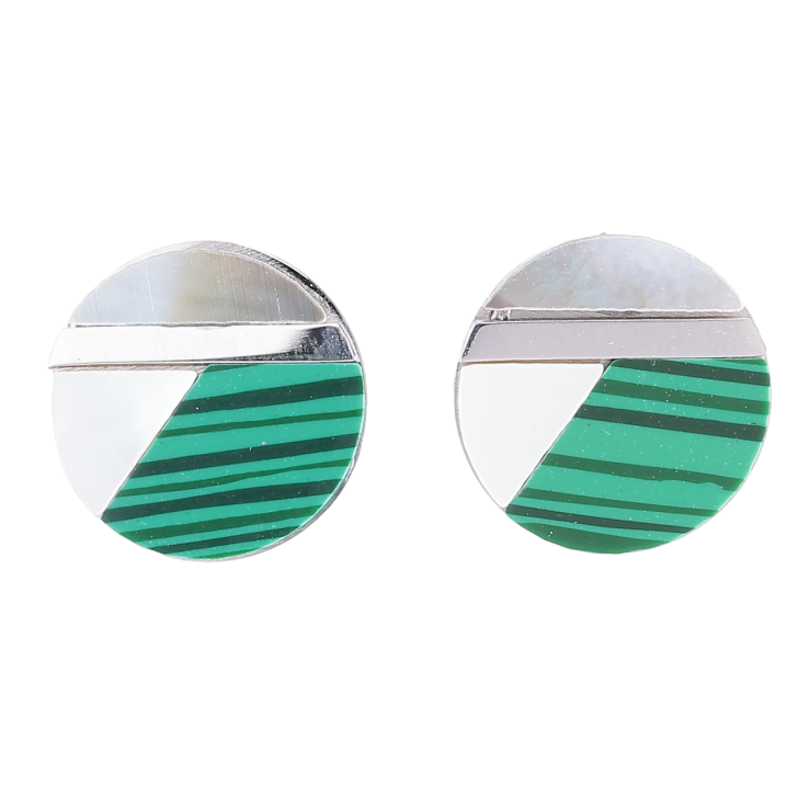 Серьги Xuping TTM Stainless Steel цвет Родий пусеты Круги с перламутровыми вставками и зеленым узором ø 13мм фото №15