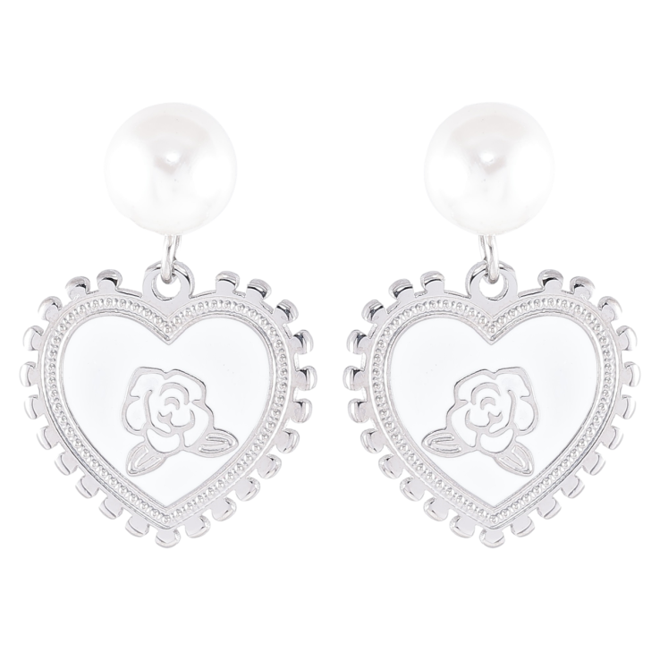 Серьги Xuping TTM Stainless Steel цвет Родий пусеты Романтичные подвески с белой эмалью и жемчужинами фото №7