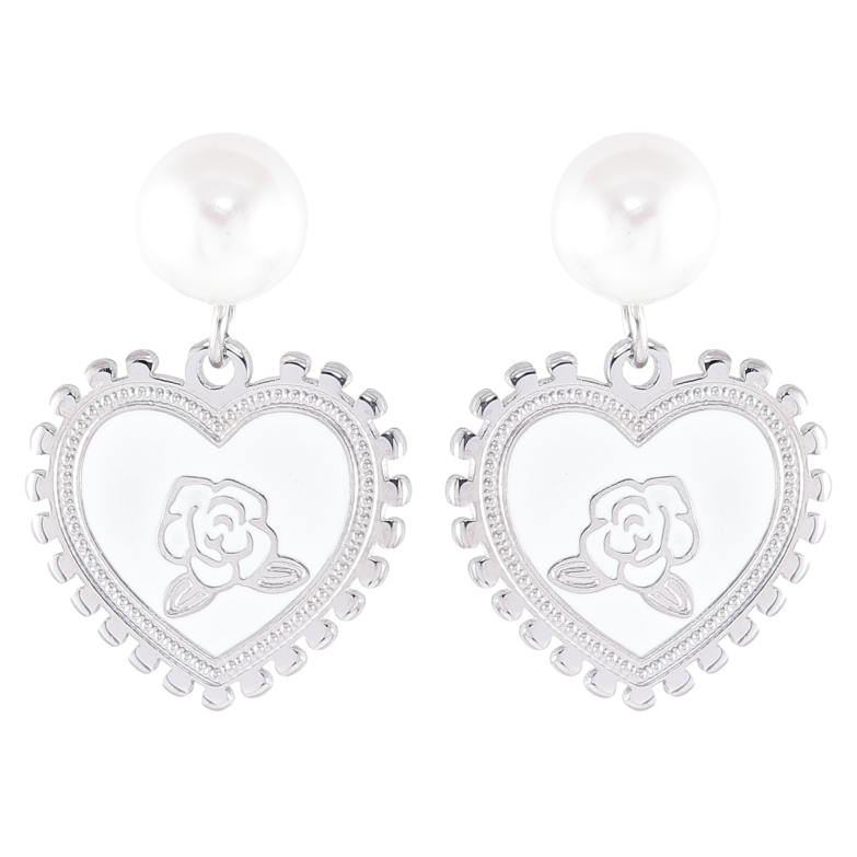 Сережки Xuping TTM Stainless Steel колір Родій пусети «Романтичні підвіски з білою емаллю та перлинами» фото №9