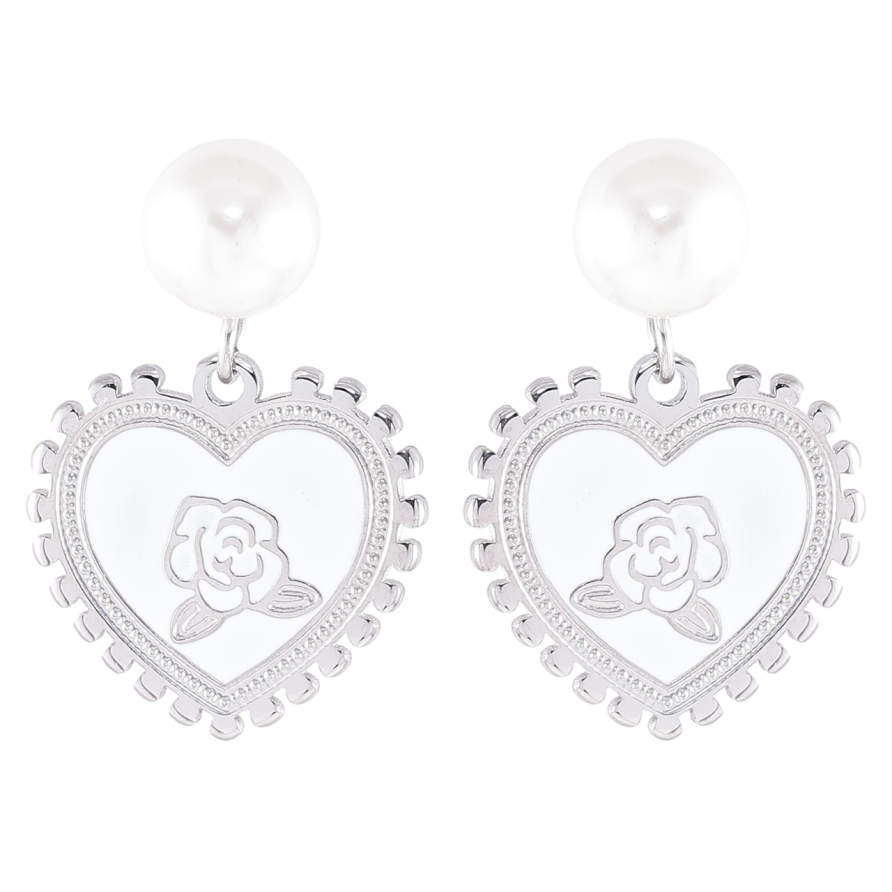 Серьги Xuping TTM Stainless Steel цвет Родий пусеты Романтичные подвески с белой эмалью и жемчужинами фото №1