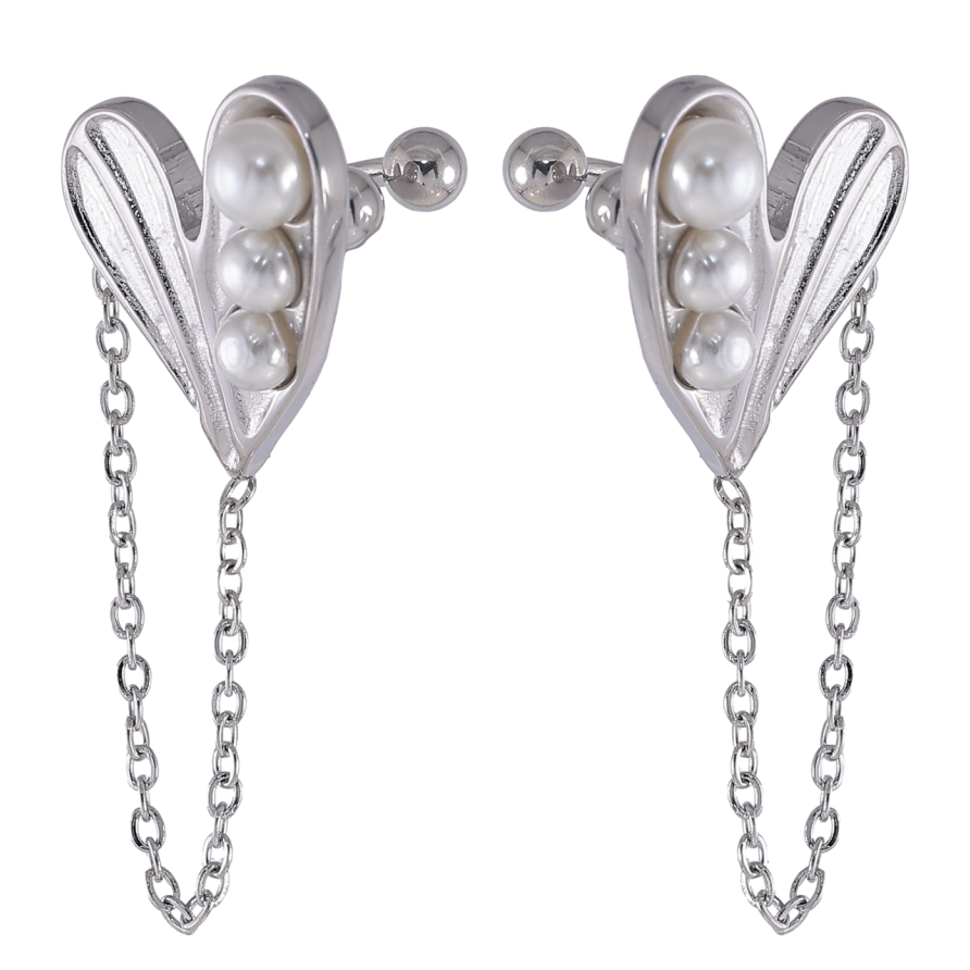 Серьги Xuping TTM Stainless Steel цвет Родий каффы Сердечки с жемчужинами и подвесками фото №1