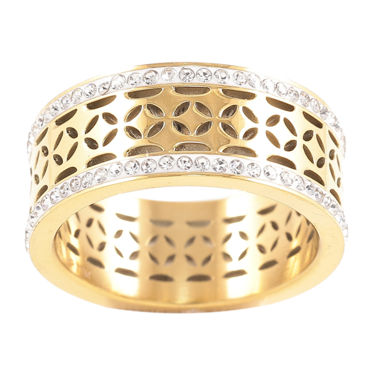 Кольцо Xuping TTM Stainless Steel Цвет 14К Резной узор с дорожками циркония,  шир. 9мм фото №3