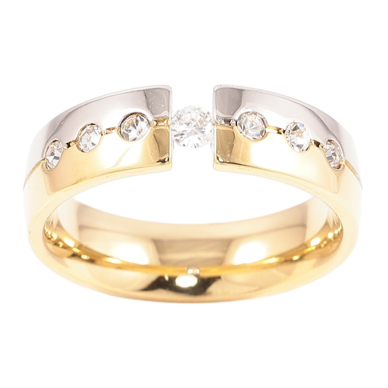 Каблучка Xuping TTM Stainless Steel Колір 14К + Родій «Візерунок з вставками цирконію, шир. 6мм» фото №1