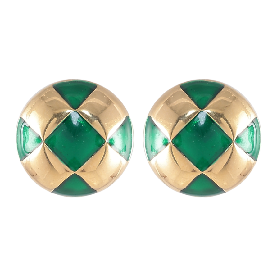 Серьги Xuping TTM Stainless Steel цвет 14K пусеты Круги с узором зеленой эмалью ø 13мм фото №1