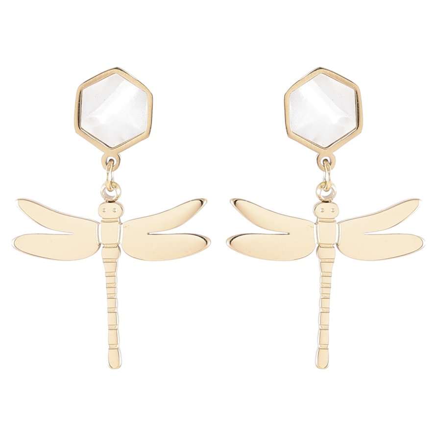 Серьги Xuping TTM Stainless Steel цвет 14K пусеты Стрекозы с перламутровыми вставками фото №1