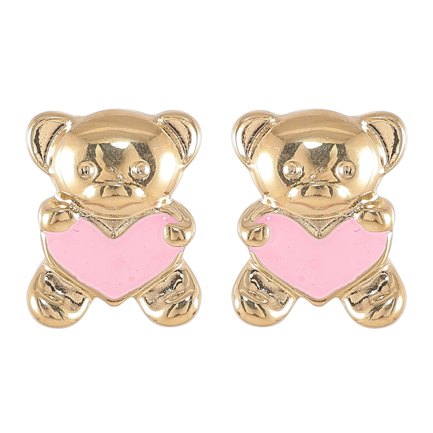 Серьги Xuping TTM Stainless Steel цвет 14K пусеты Мишки с сердечками розовой эмалью фото №1