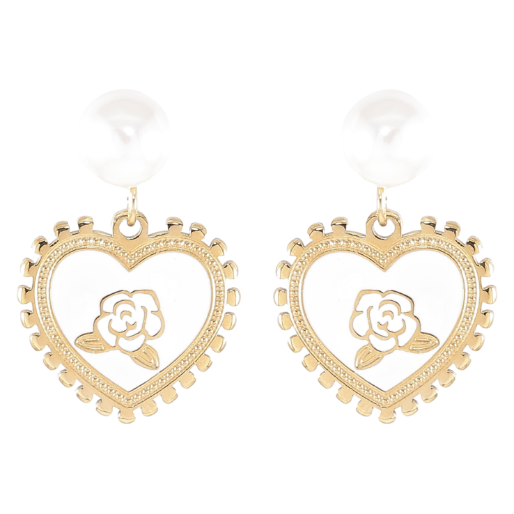 Серьги Xuping TTM Stainless Steel цвет 14K пусеты Сердечки с цветочным узором на белой эмали фото №10