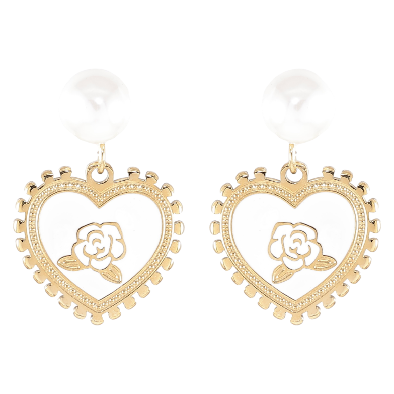 Серьги Xuping TTM Stainless Steel цвет 14K пусеты Сердечки с цветочным узором на белой эмали фото №2