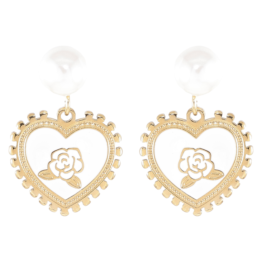 Серьги Xuping TTM Stainless Steel цвет 14K пусеты Сердечки с цветочным узором на белой эмали фото №1