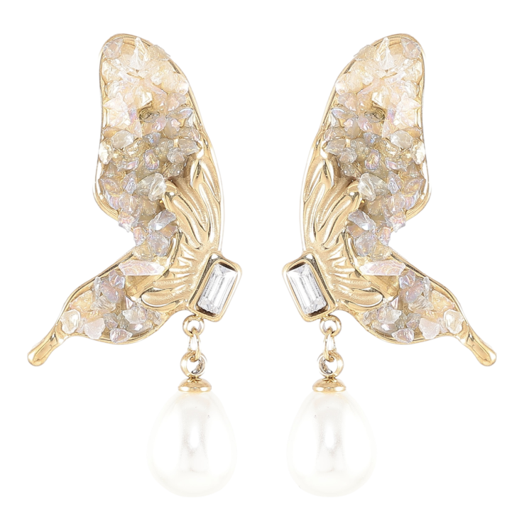 Серьги Xuping TTM Stainless Steel цвет 14K пусеты Бабочки с кристаллами и жемчужными подвесками фото №24