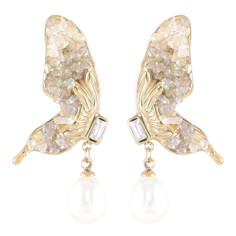 Сережки Xuping TTM Stainless Steel колір 14K пусети «Метелики з кристалами та перлинними підвісками» фото №5