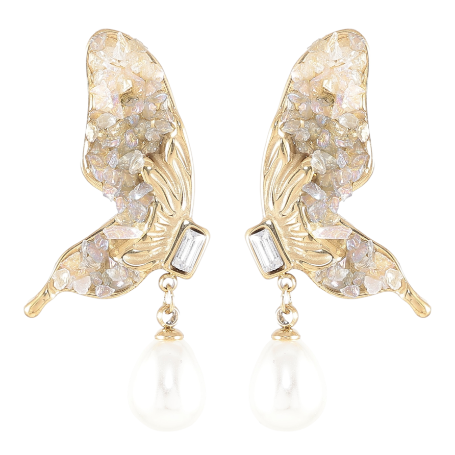 Серьги Xuping TTM Stainless Steel цвет 14K пусеты Бабочки с кристаллами и жемчужными подвесками фото №1