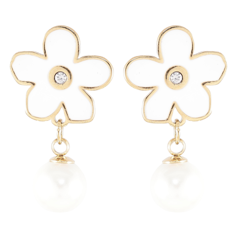 Серьги Xuping TTM Stainless Steel цвет 14K пусеты Белые цветочки с эмалью и жемчужинами фото №1