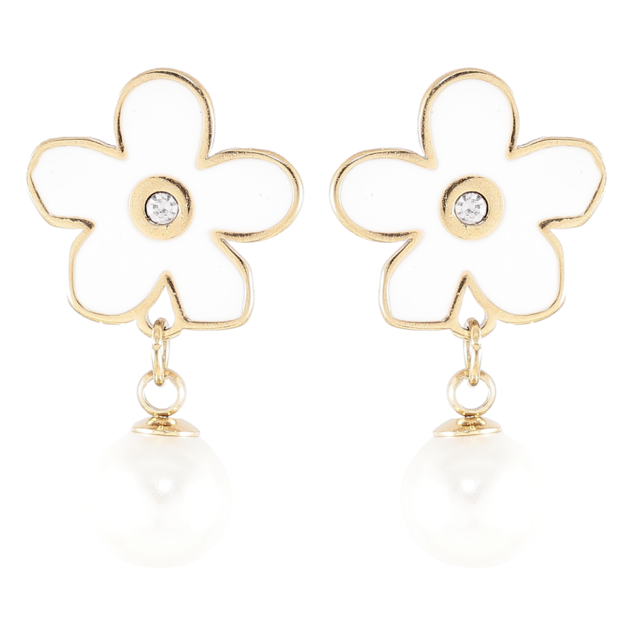 Серьги Xuping TTM Stainless Steel цвет 14K пусеты Белые цветочки с эмалью и жемчужинами фото №1