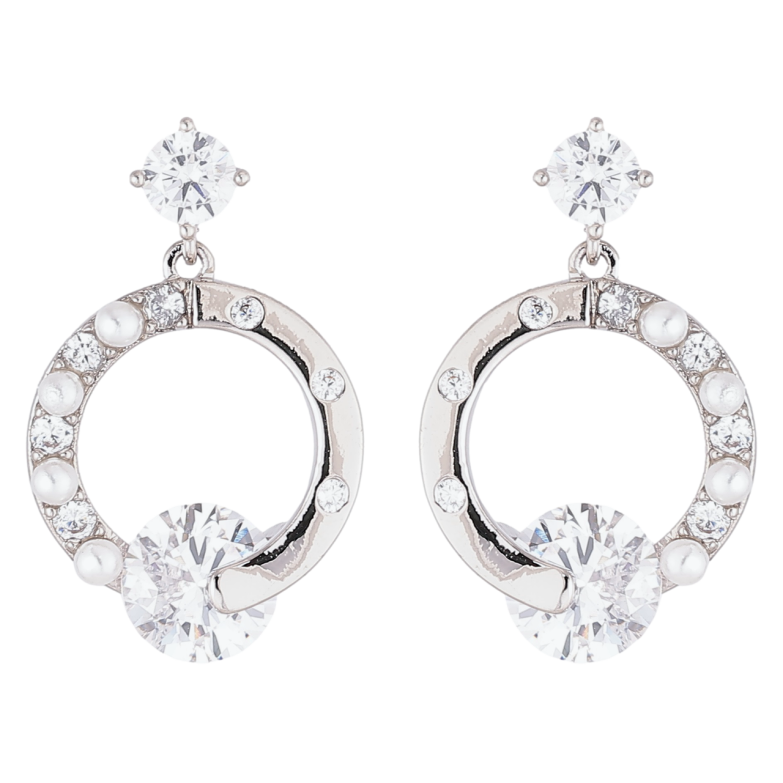 Серьги Xuping Родий пусеты Круглые подвески с цирконием и жемчужинами фото №1 Серьги Xuping Родий пусеты Круглые подвески с цирконием и жемчужинами фото №1
