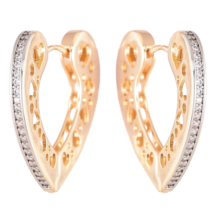 Серьги Xuping Позолота 18K + Родий колечки Сердечки с боковым узором и дорожками циркония фото №8