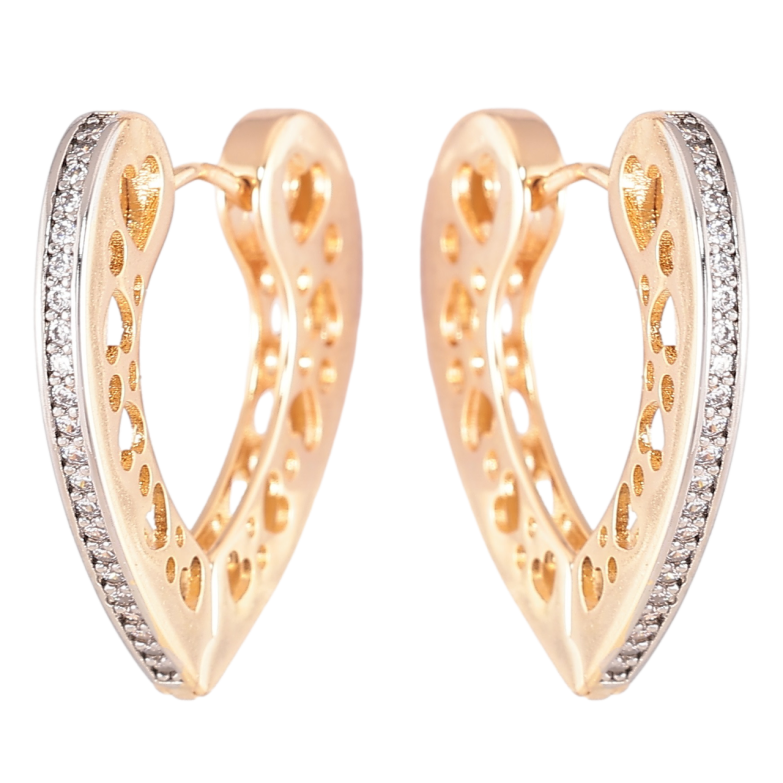 Серьги Xuping Позолота 18K + Родий колечки Сердечки с боковым узором и дорожками циркония фото №3